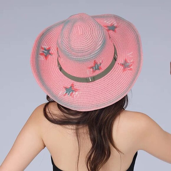 3413 Western Cowboy Hat, Pink Adjustable Straw Sun Hats,pentagram Wide Brim main image 4